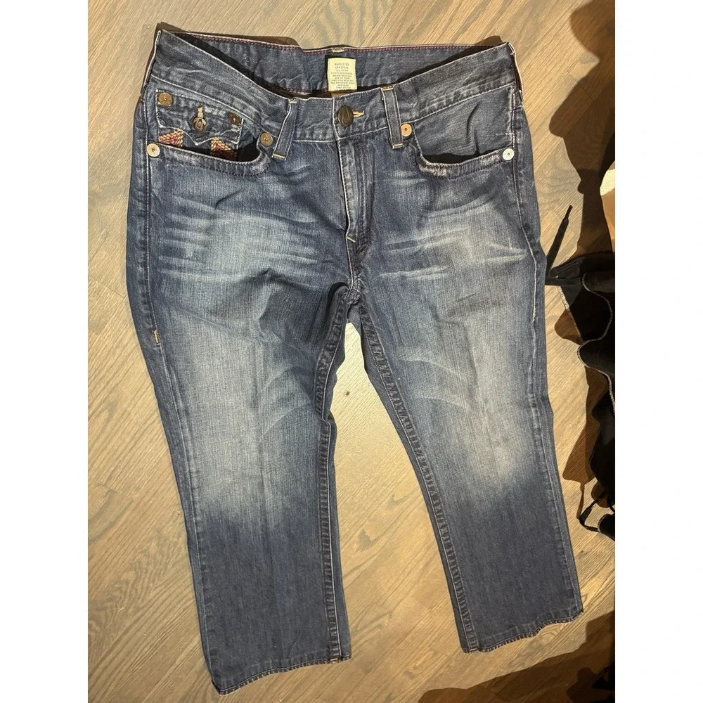 True Religion Men's  Embroidered Distressed Joey Super T Blue Denim JeansSz38x30